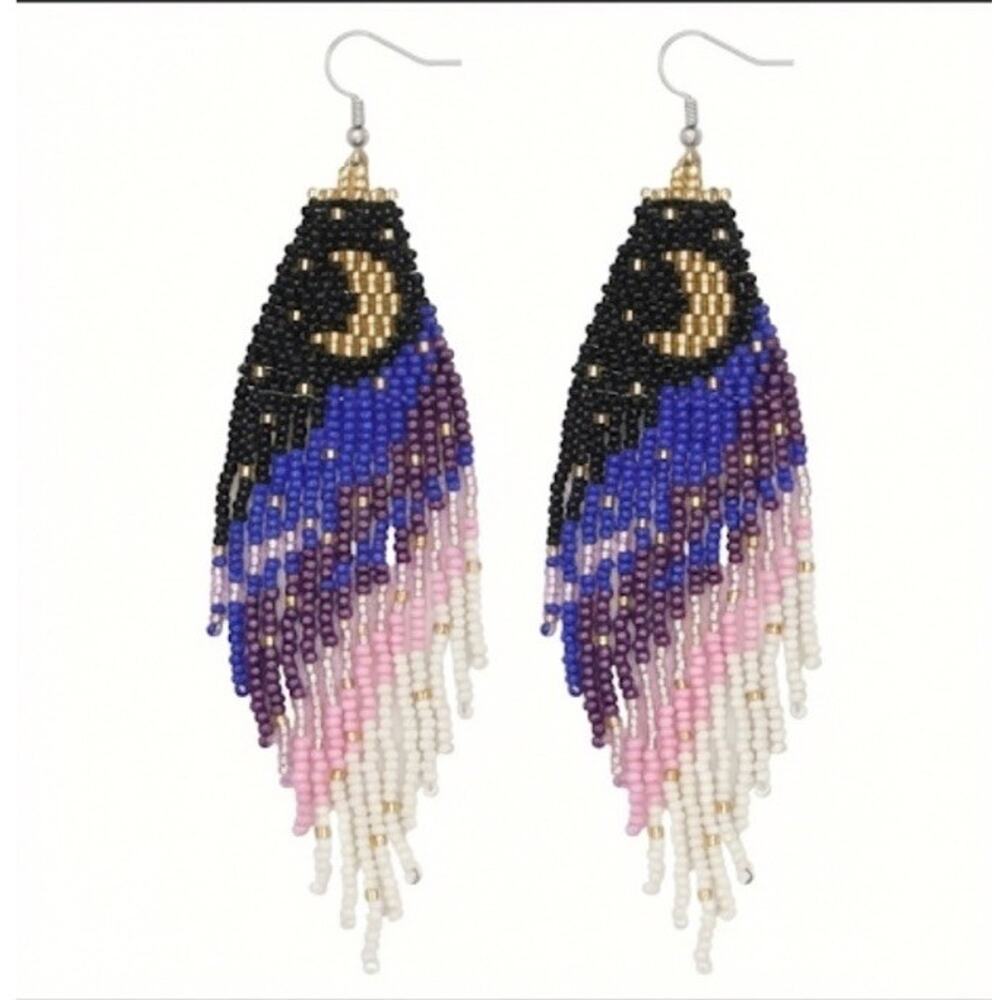 Night Sky Beaded Fringe Earrings - 5.7" Long Celestial Boho Dangles